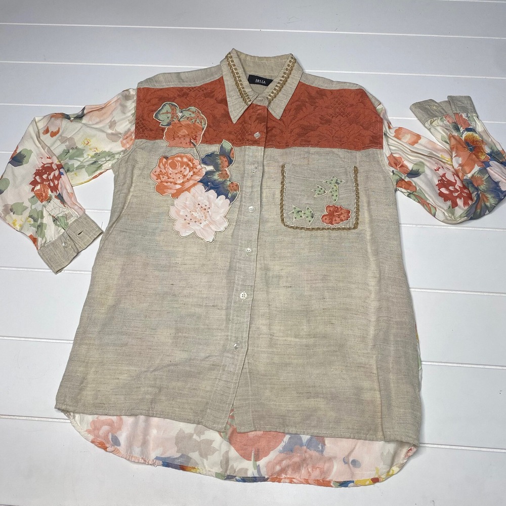 Pasta Women's Shirt Embroidered Floral Button Down Long‎ Sleeve Size S